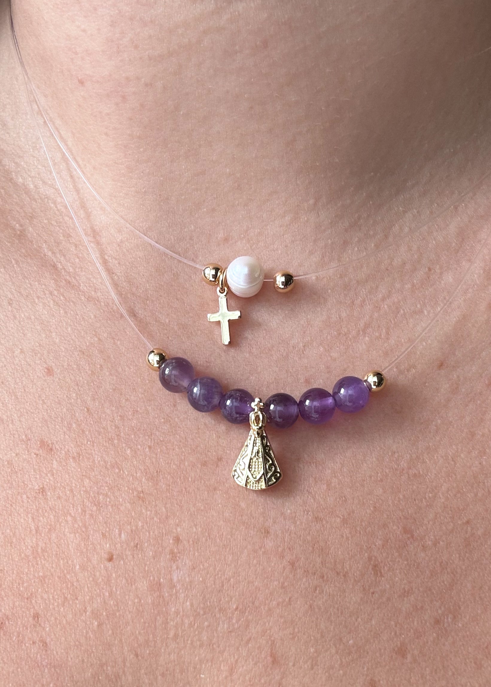 Pearl and Cross, Purple Virgin of the Valley Ghost Necklaces