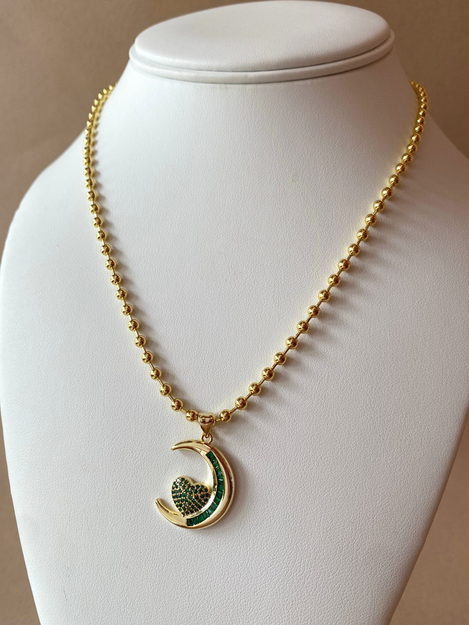Heart and Moon Green Necklace