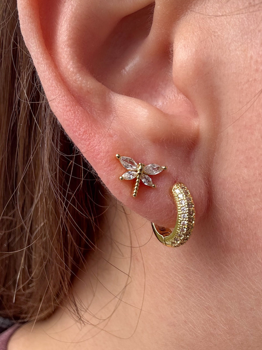 Dragonfly Earrings / Mini Crystal Gold Hoops