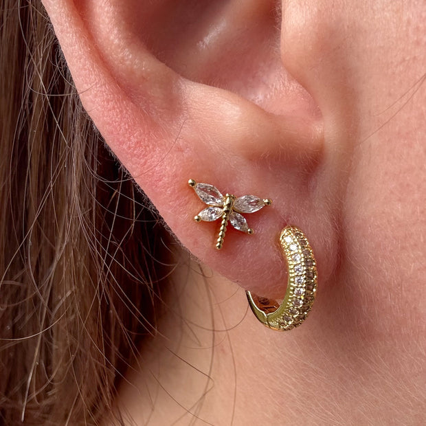Dragonfly Earrings / Mini Crystal Gold Hoops