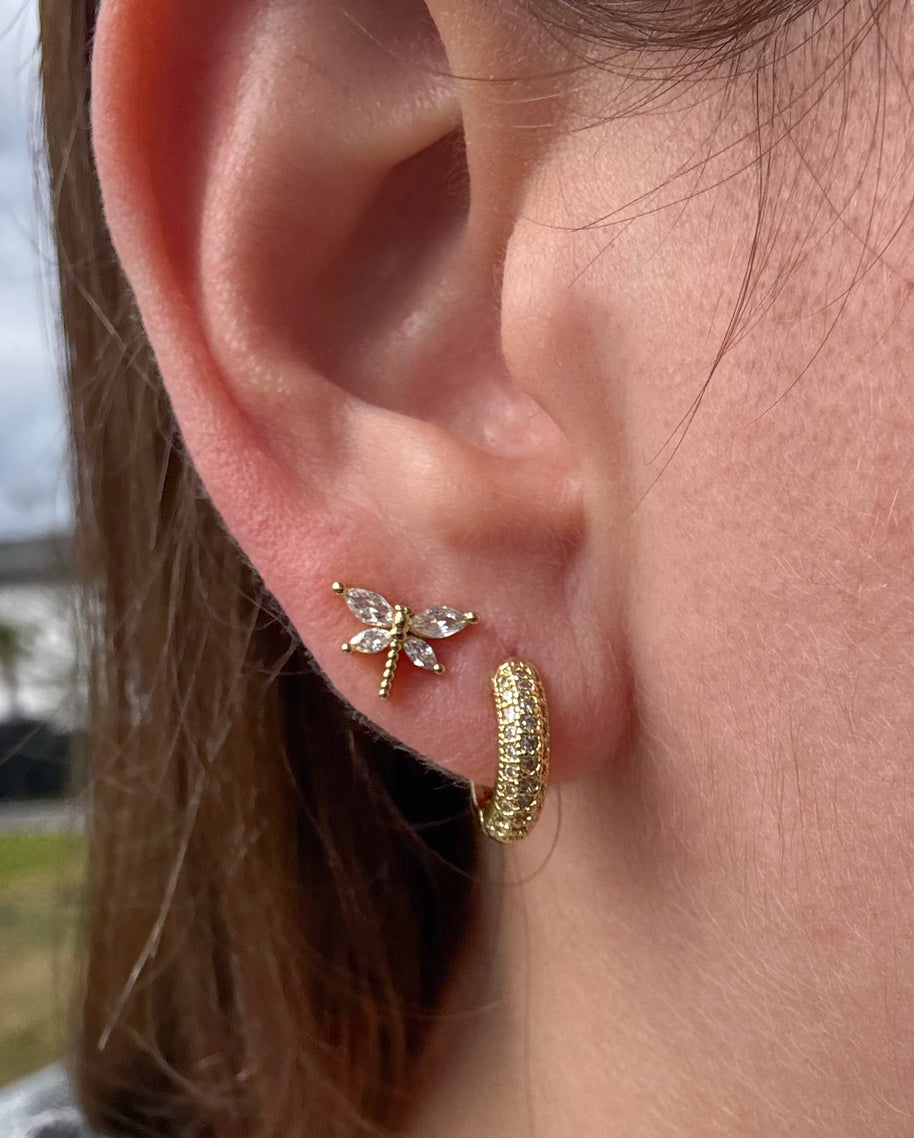 Dragonfly Earrings / Mini Crystal Gold Hoops