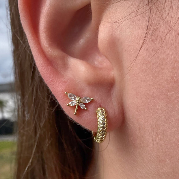 Dragonfly Earrings / Mini Crystal Gold Hoops