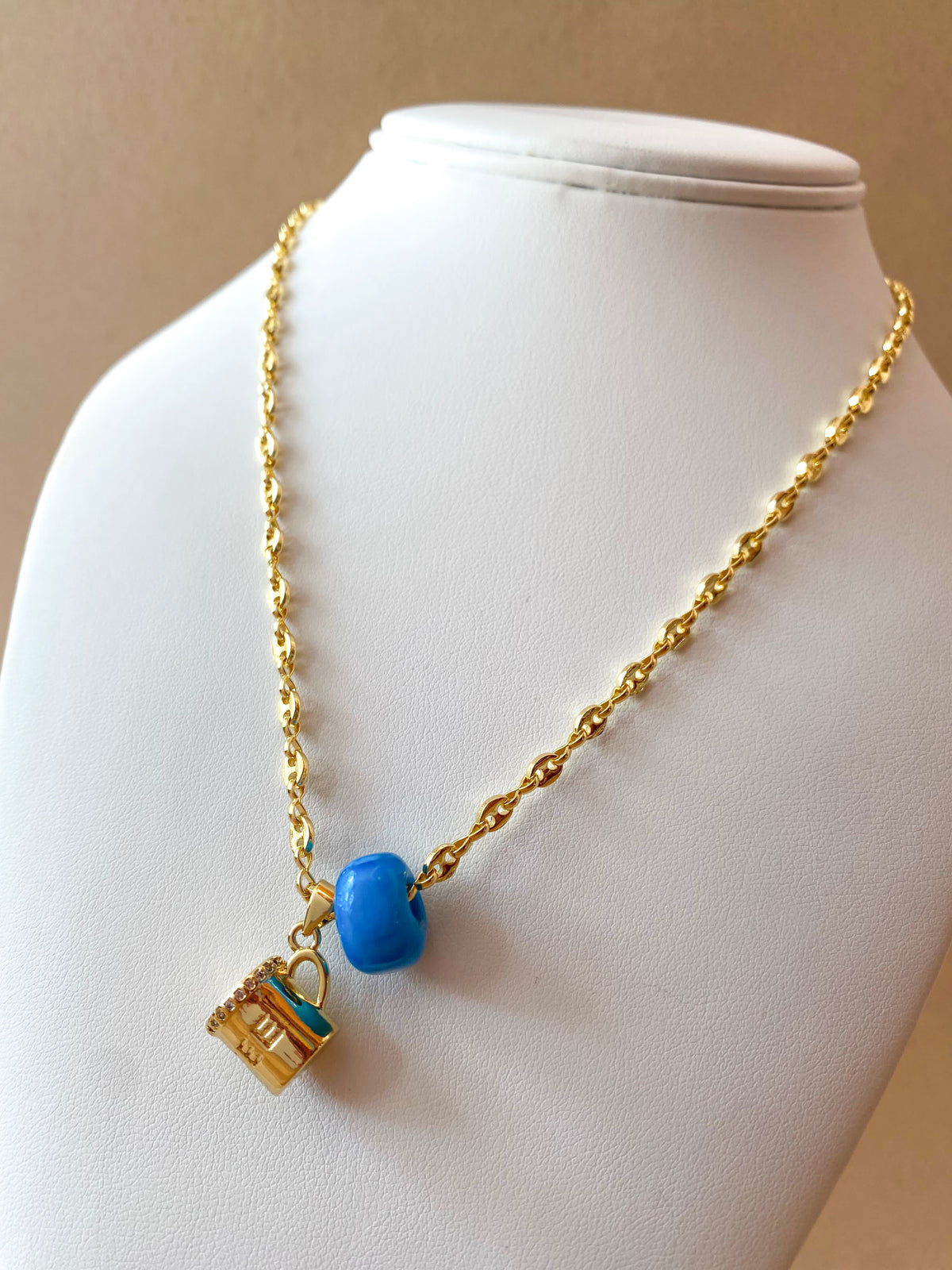 Coffee ☕️ Cup Charm & Blue Turkish Stone in Little Coffee Grain Necklace