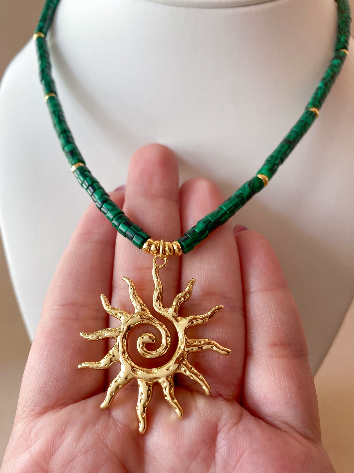 Big Golden Sun in a Malachite Necklace