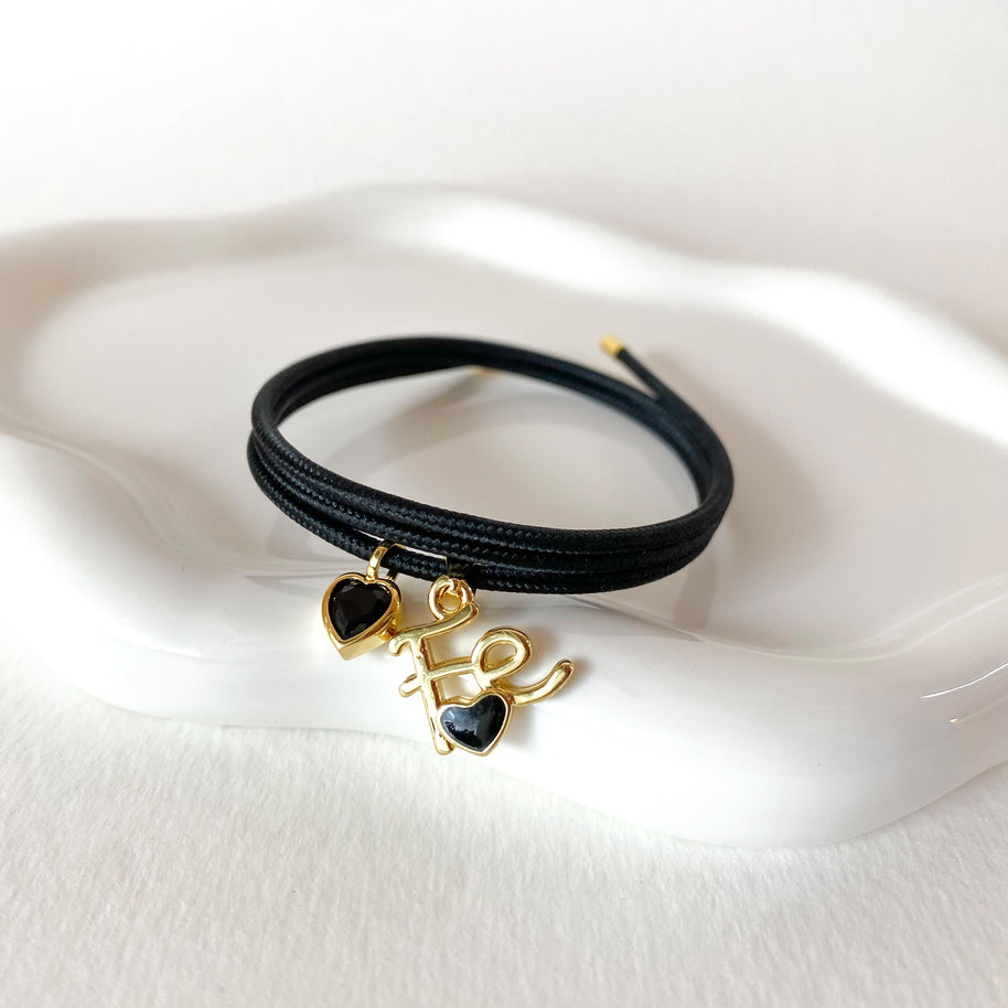 Adjustable Black Magnetic Cord Faith and Black Heart Crystal Bracelet/Necklace