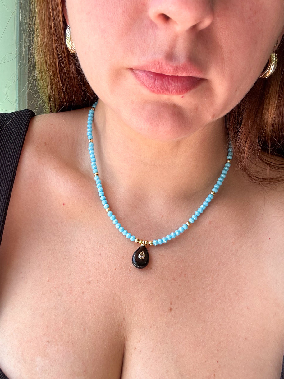 Black Onyx Oval Blue Beads Necklace