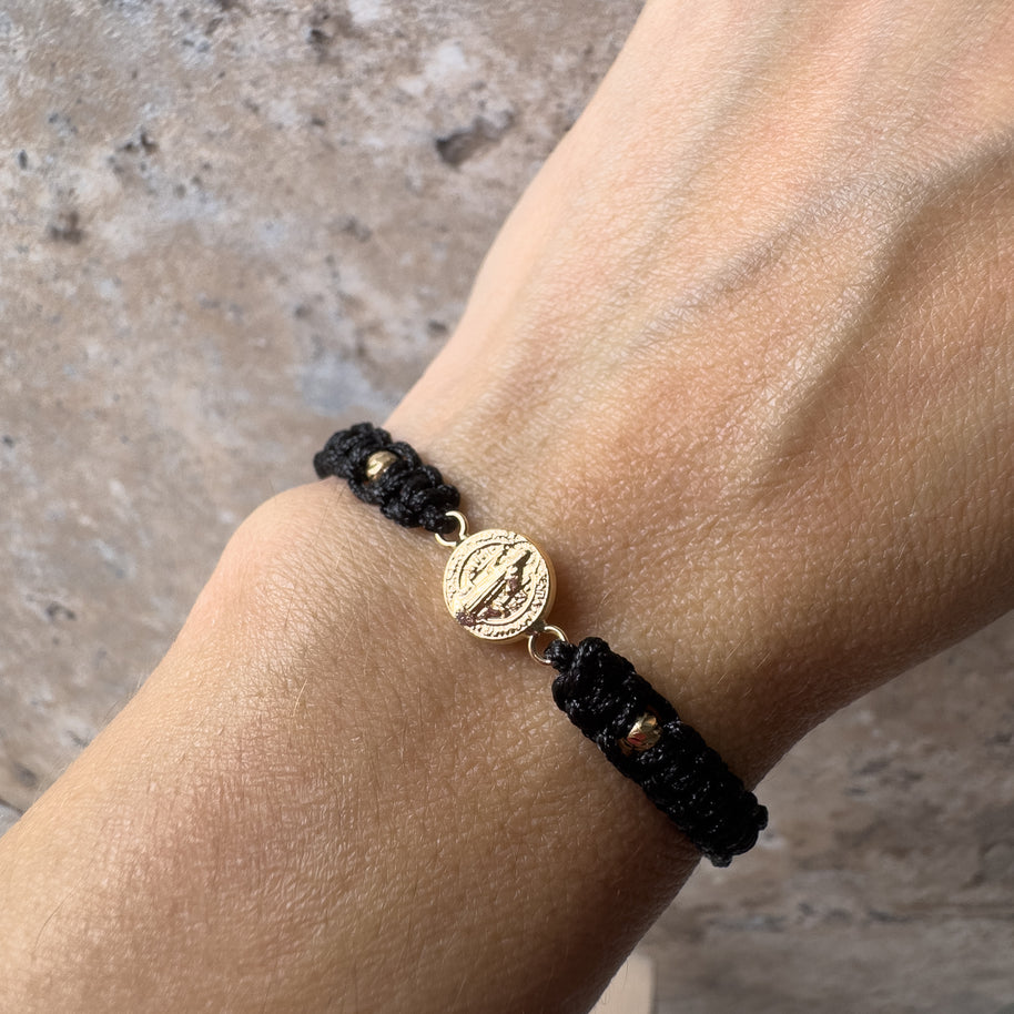 St Bendict 18K Solid Gold in Black String Bracelet