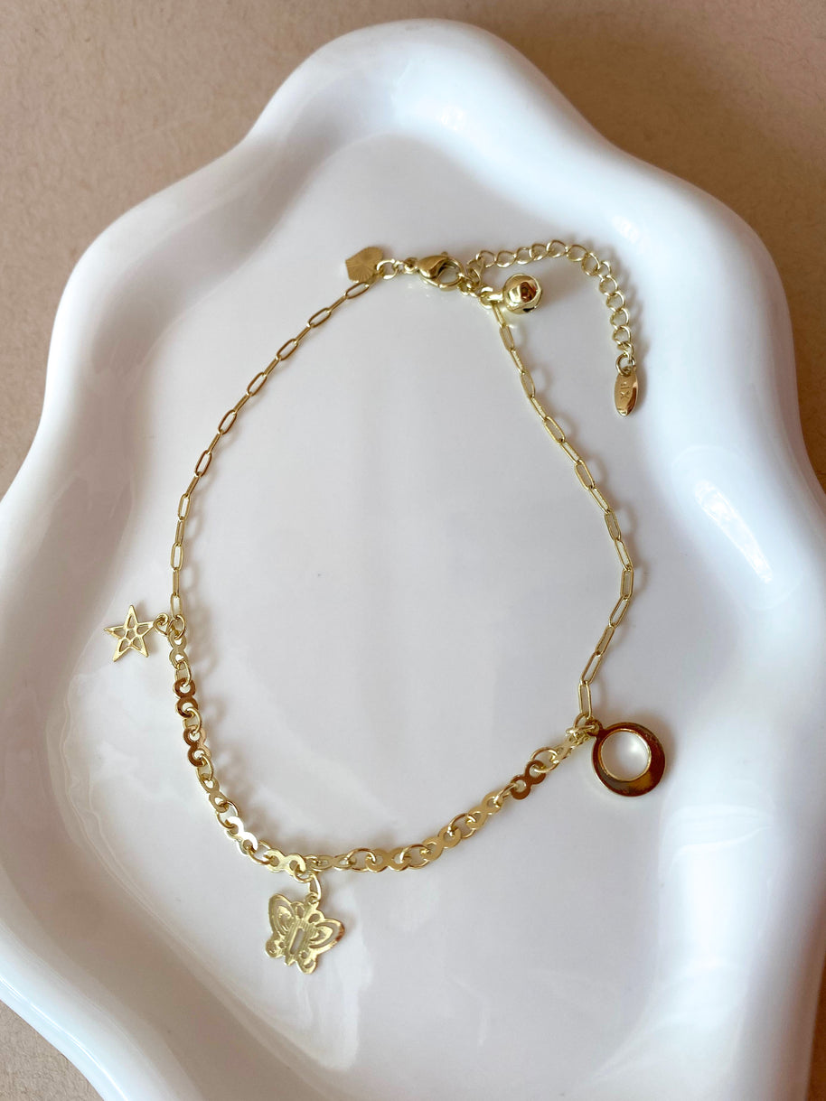 Golden Butterfly and Star Links Chain Style Anklet