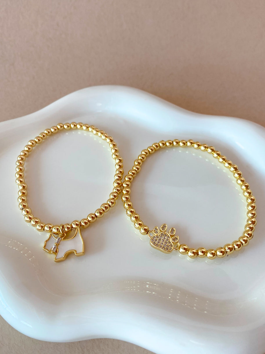 Mother of pearl and Crystal Dogs Charms Golden Elastic Bracelet