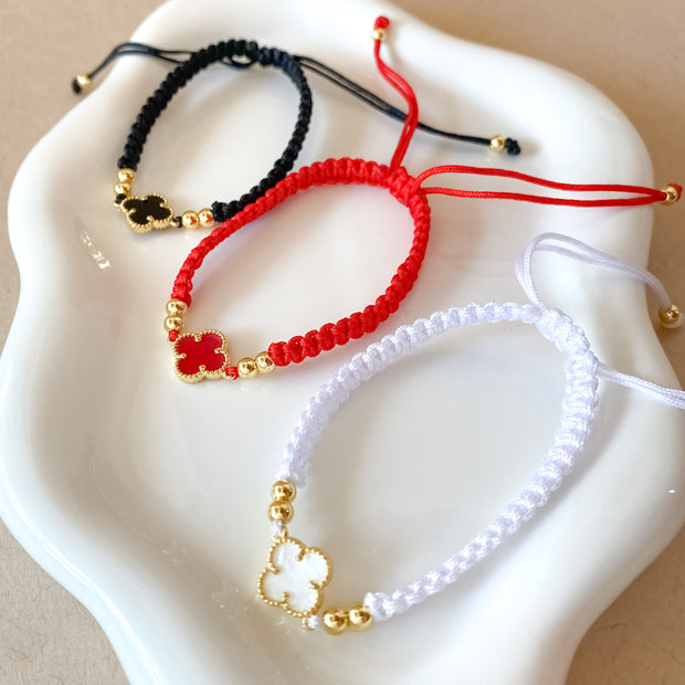 White, Red and Black Clovers Thread Adjustable Bracelets