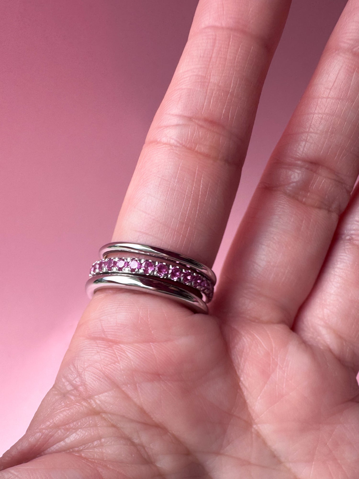 Silver & Gold Pink Crystal Steel Ring