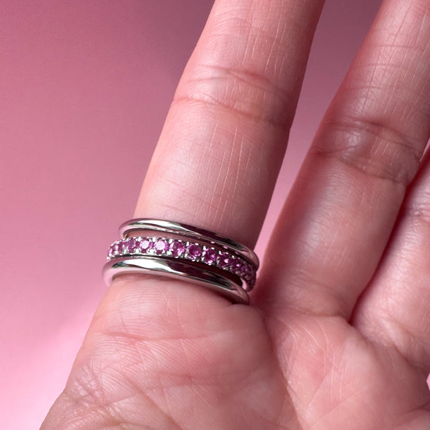 Silver & Gold Pink Crystal Steel Ring