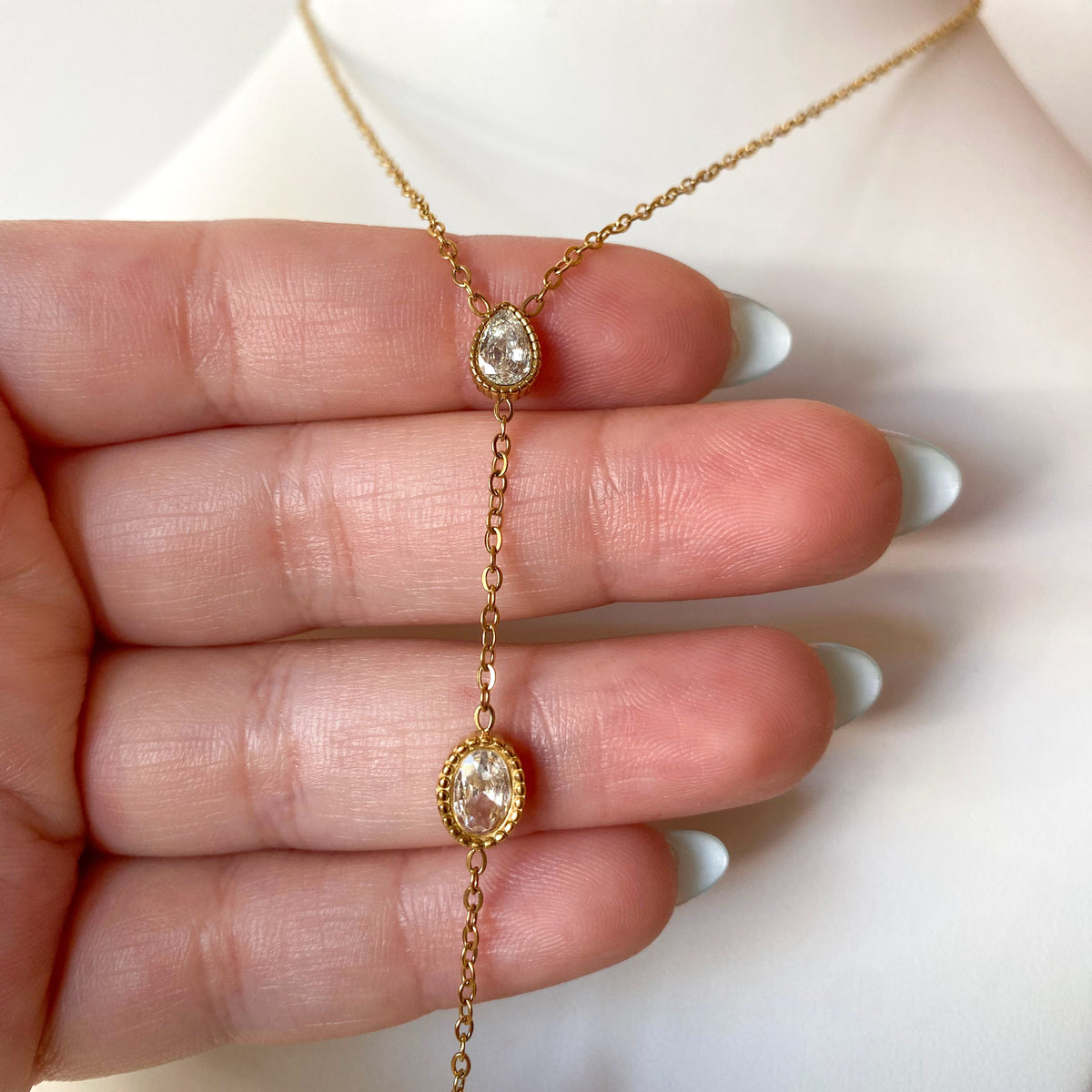 Gold Steel Long Y Drop Necklace with Zirconia