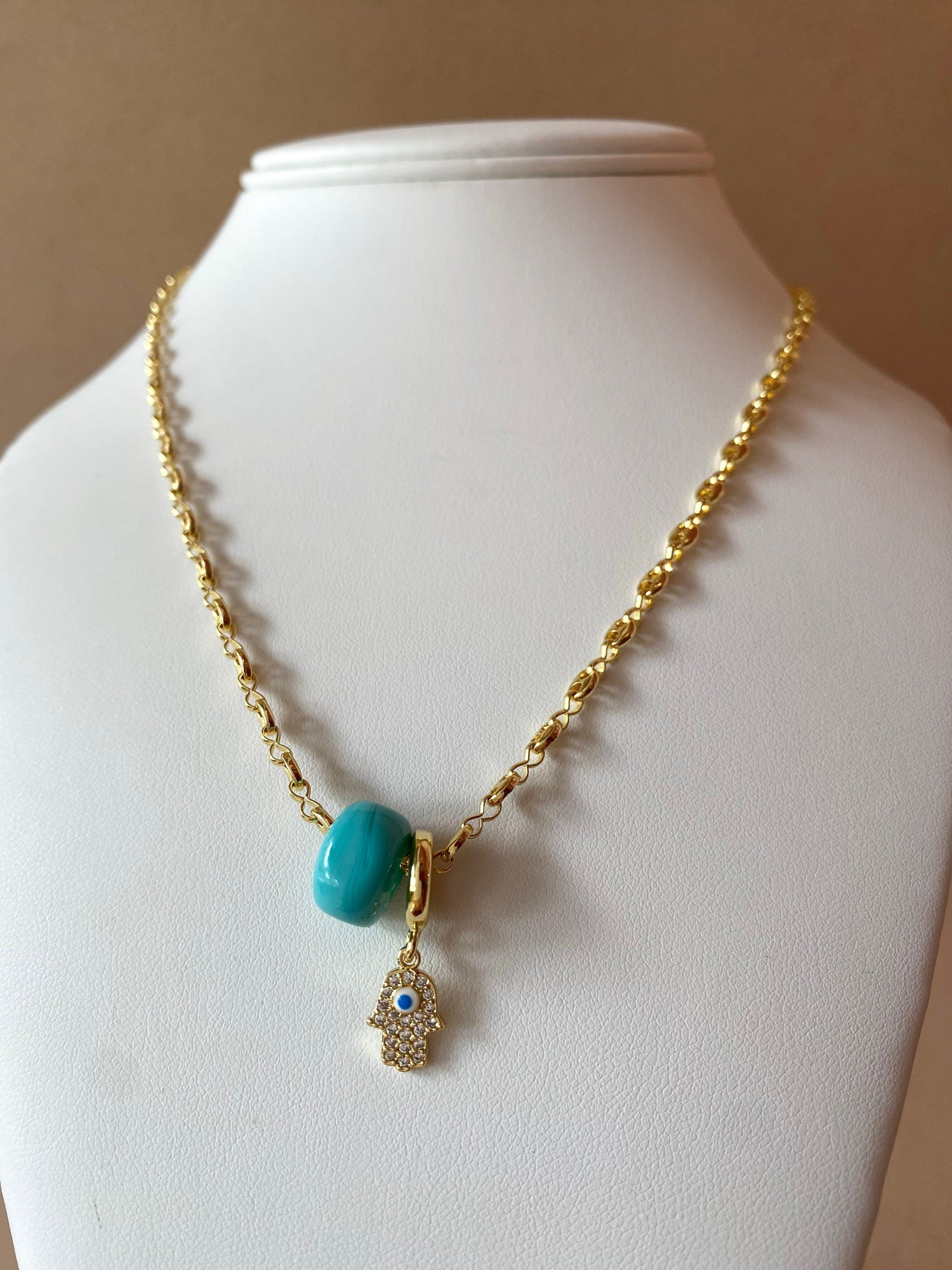 Blue Turkish and Hamsa Evil Eye Charm in Coffee Grain Necklace