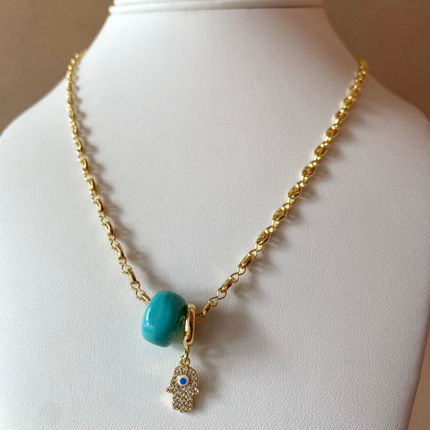 Blue Turkish and Hamsa Evil Eye Charm in Coffee Grain Necklace