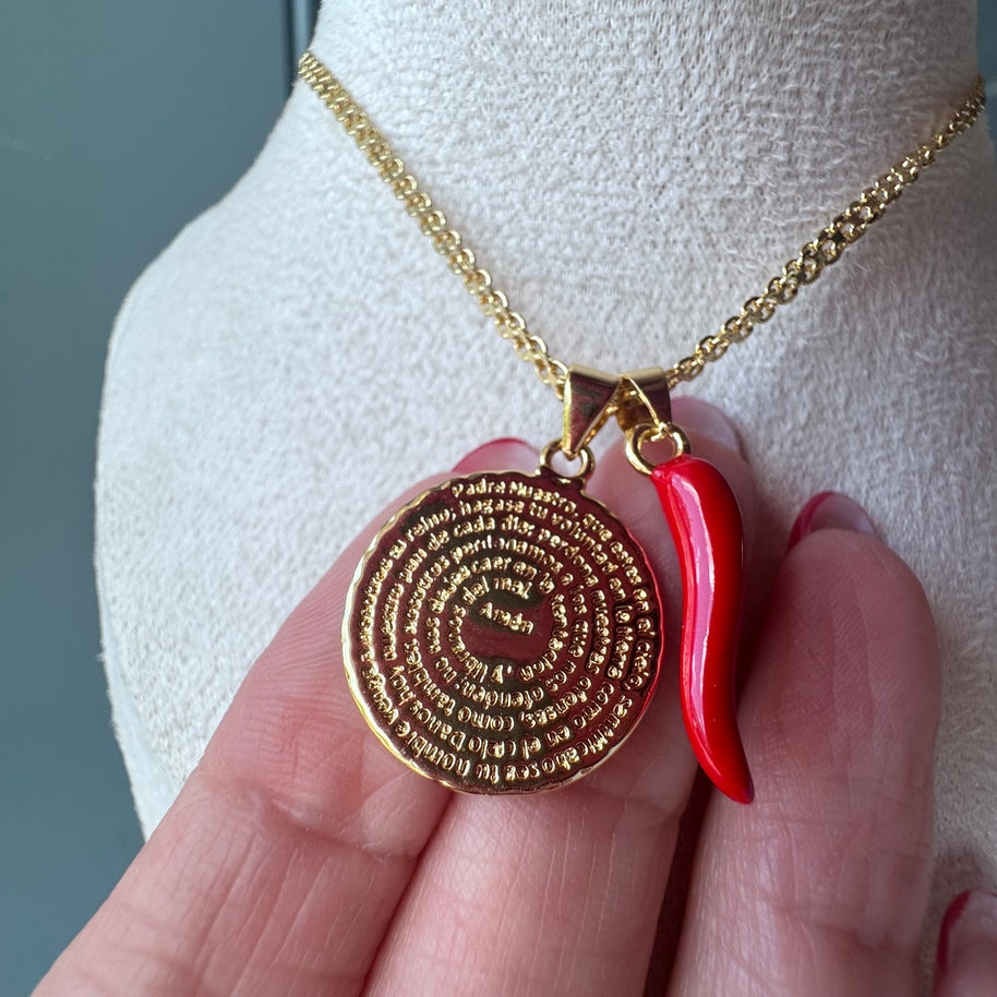 Our Father and Red Horn Chinese Fabric Chain Necklace