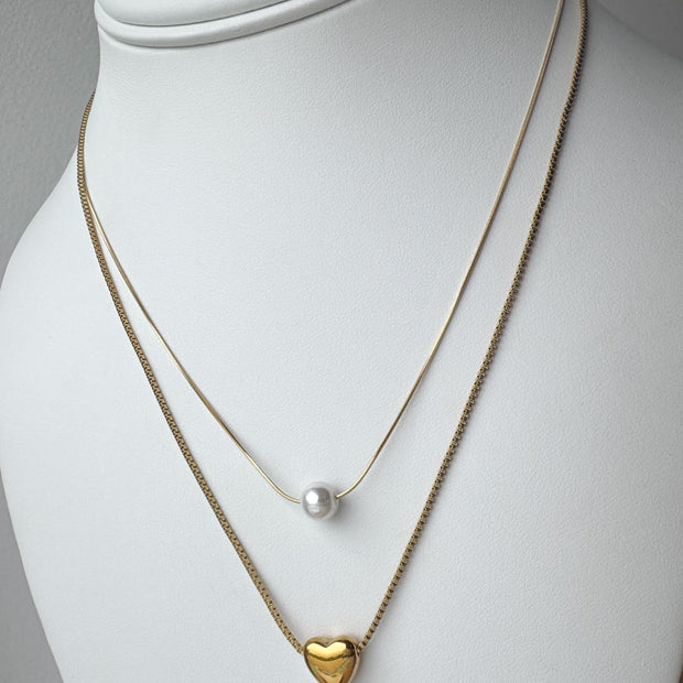 Double Pearl & Golden Heart Necklace