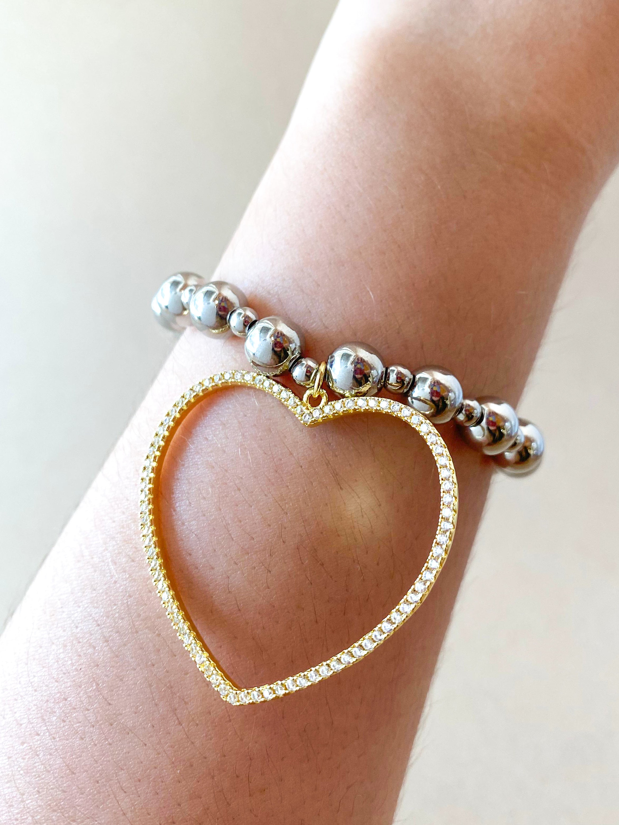 Silver & Gold Big Heart Elastics Bracelets