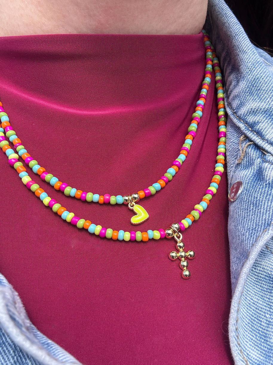 Multicolor Beads Heart & Cross Necklace