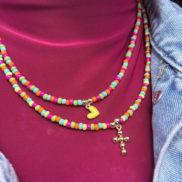 Multicolor Beads Heart & Cross Necklace