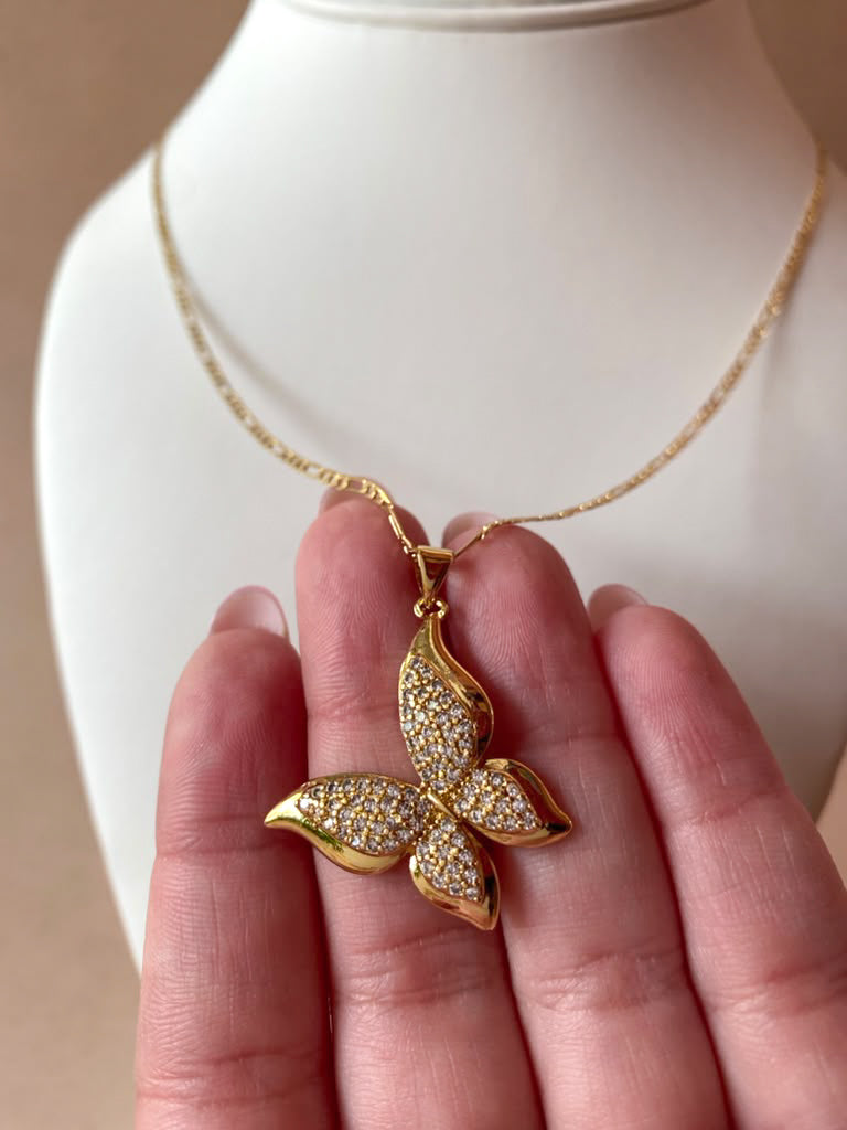 Large Butterfly Crystal Charm Links Pattern Chain Necklace