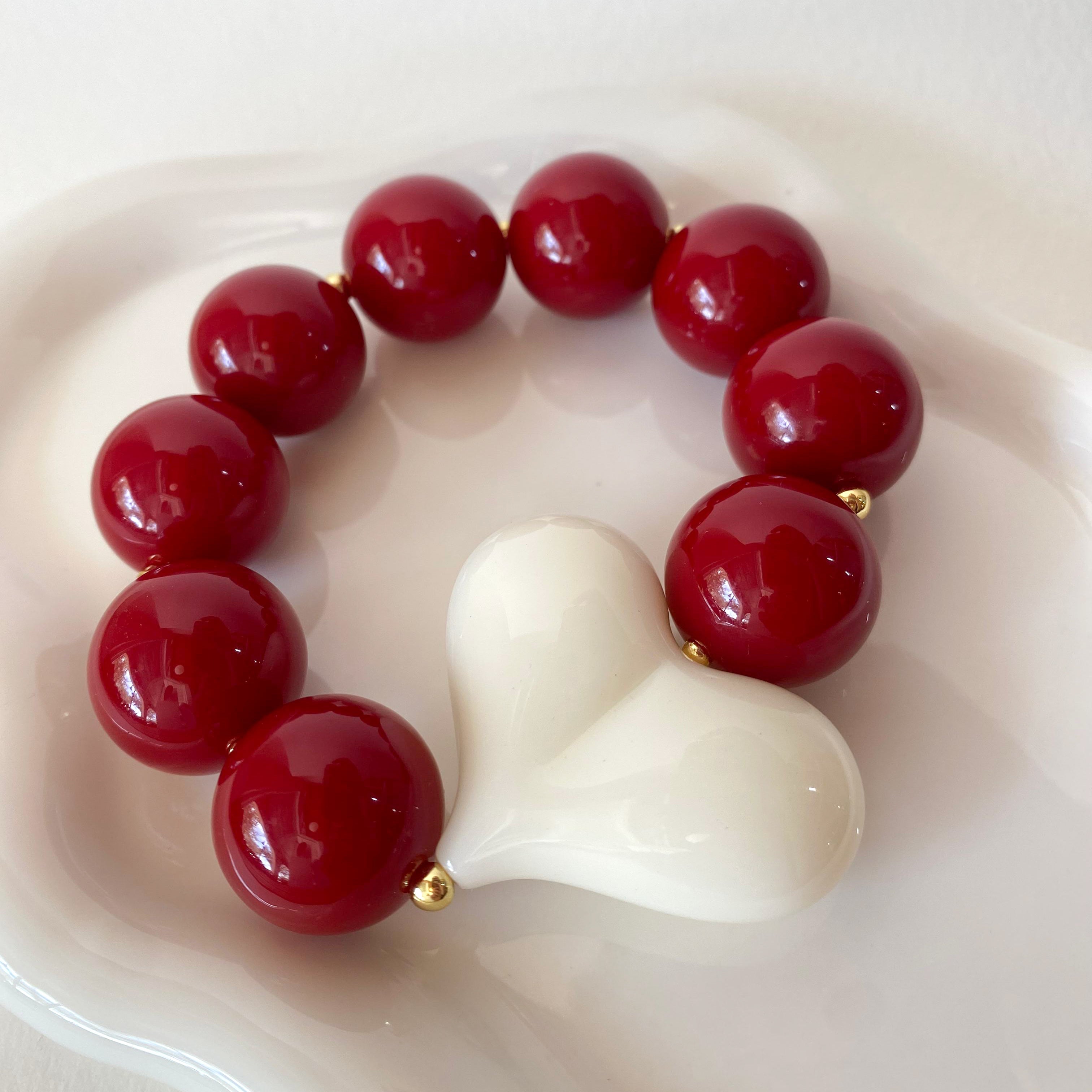 Acrylic Red Wine Gumball Bead with White Heart Bracelet