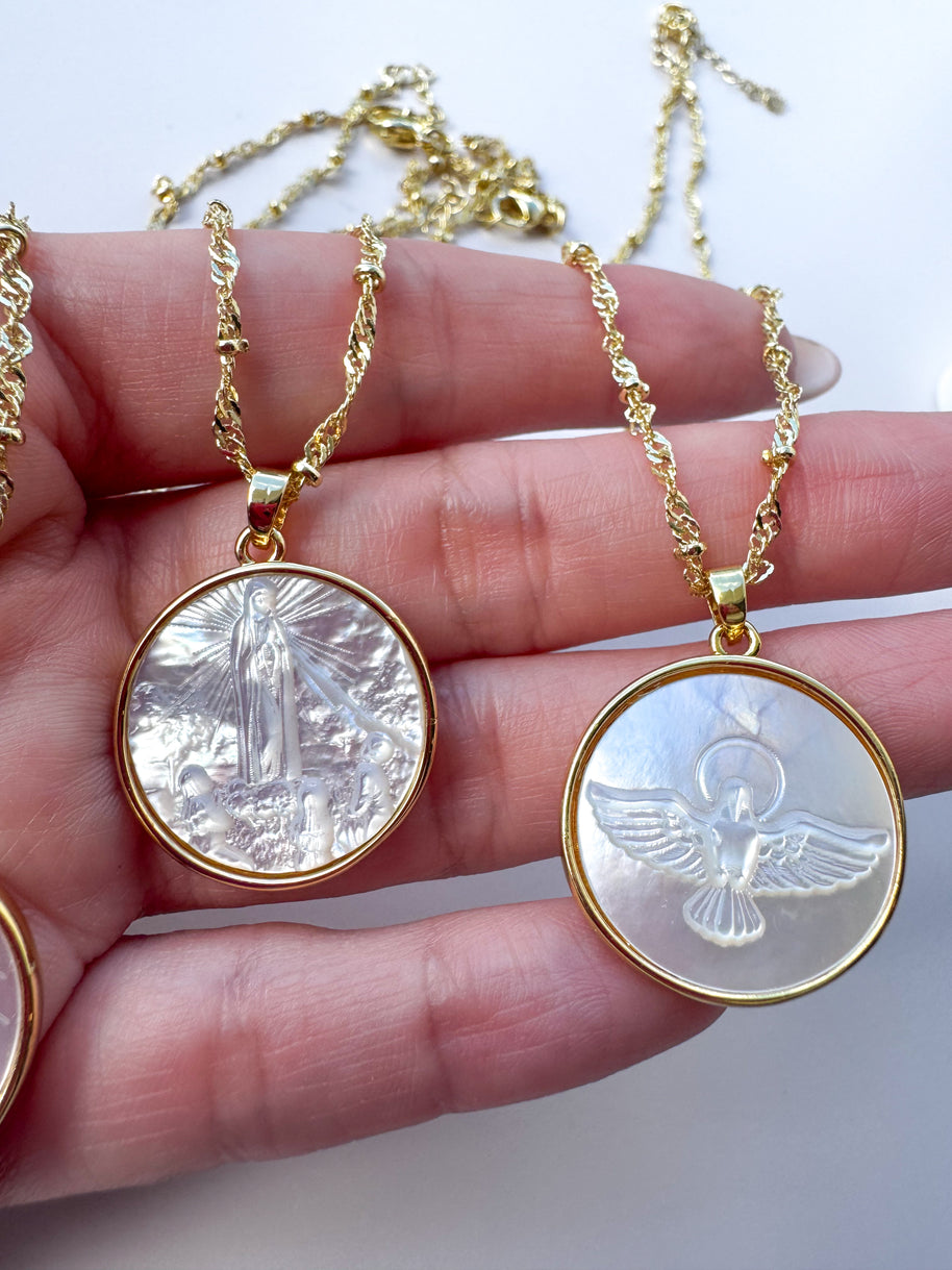 Sacred Mother of Pearl Assorted Medals Necklace