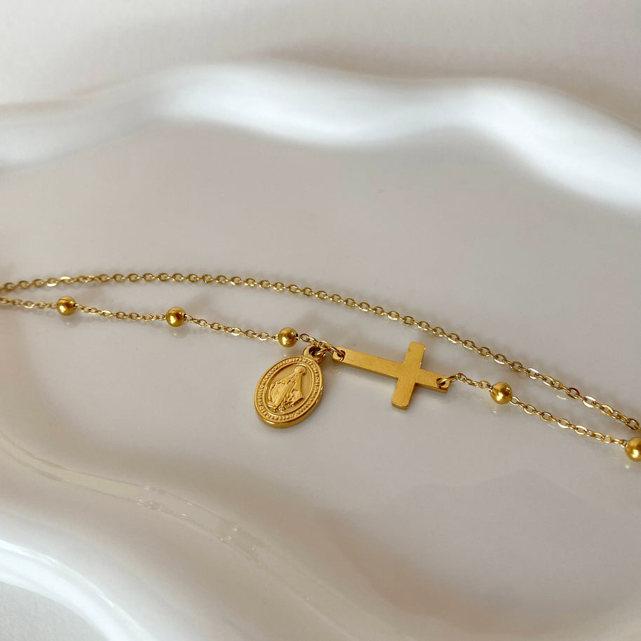 Golden Steel Double Chain Miracle Virgin Rosary Bracelet