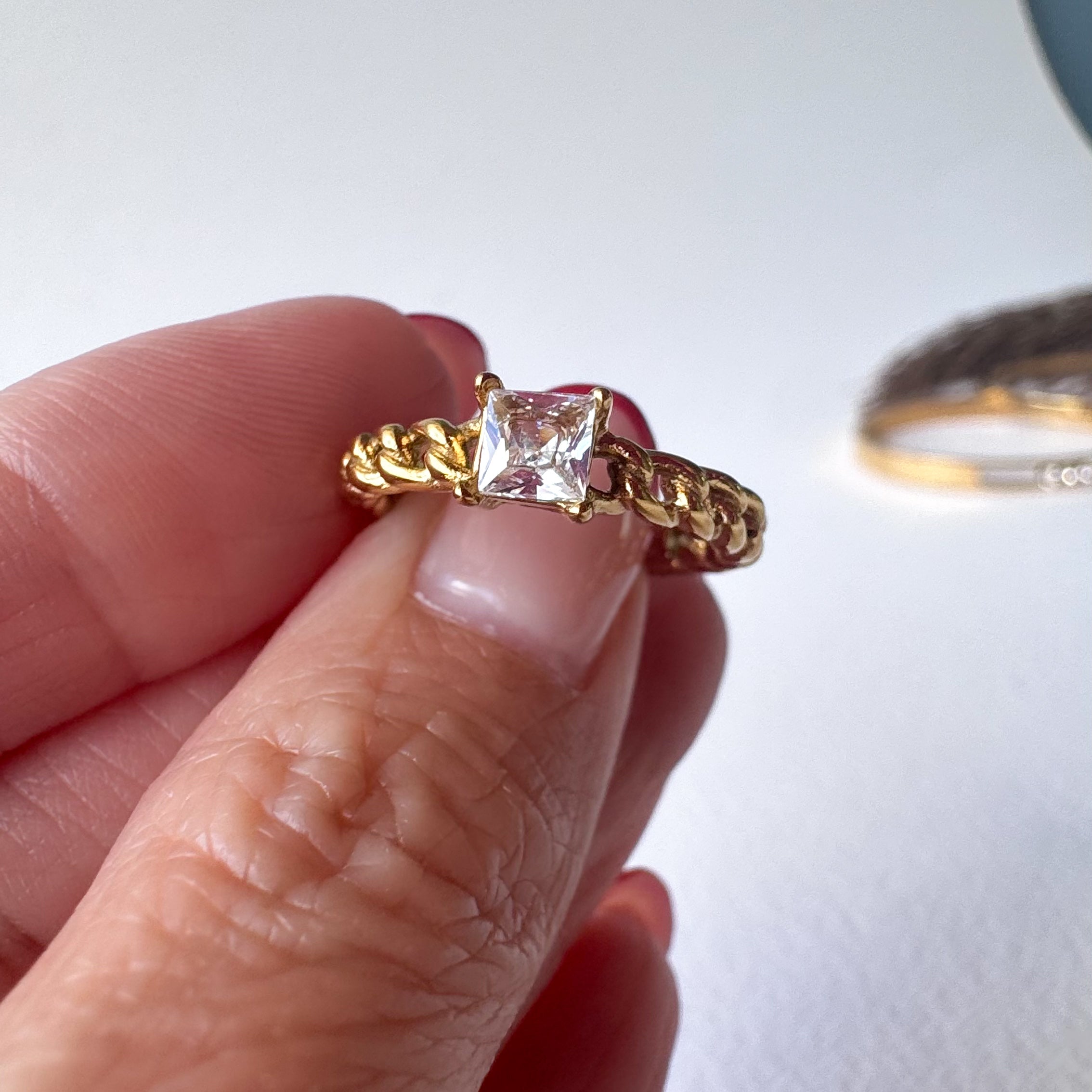Golden Textured Single Zircon Steel Ring