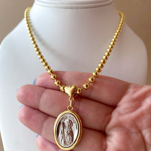 St. Judas Thadeus Gold and Silver Heart Medal Necklace