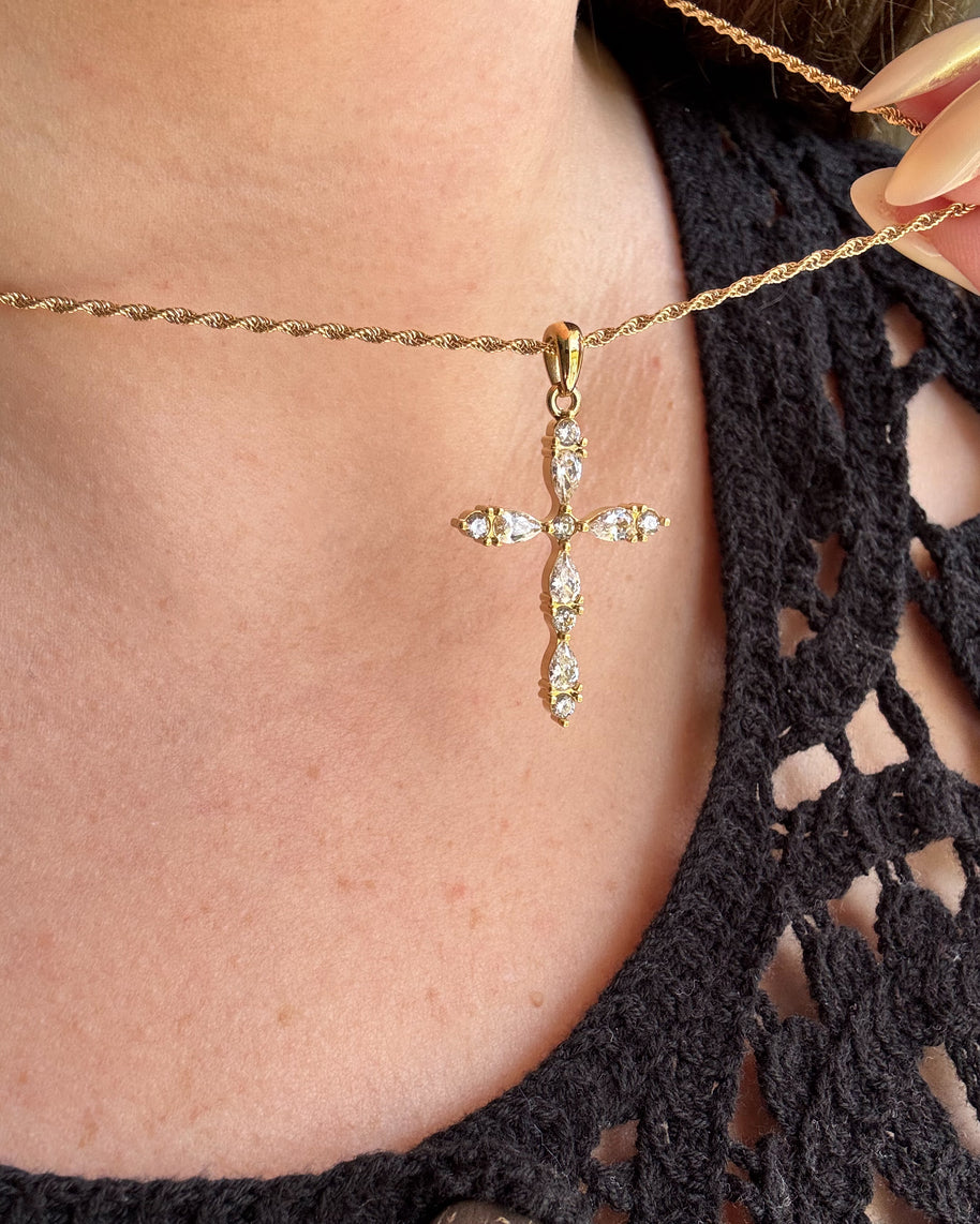 Golden Cross Crystal Steel Necklace