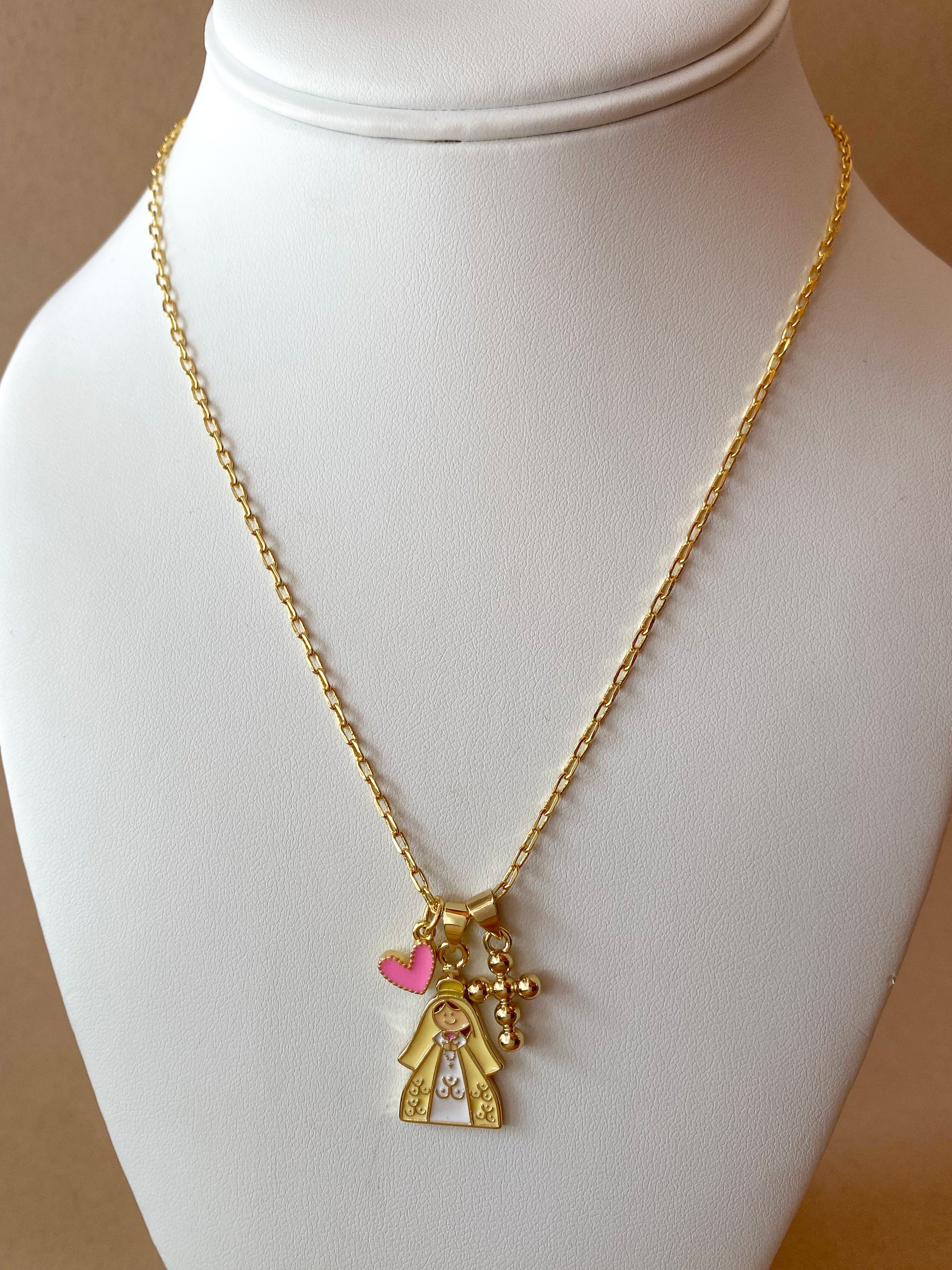 Yellow & Pink Virgin Heart and Cross Necklace