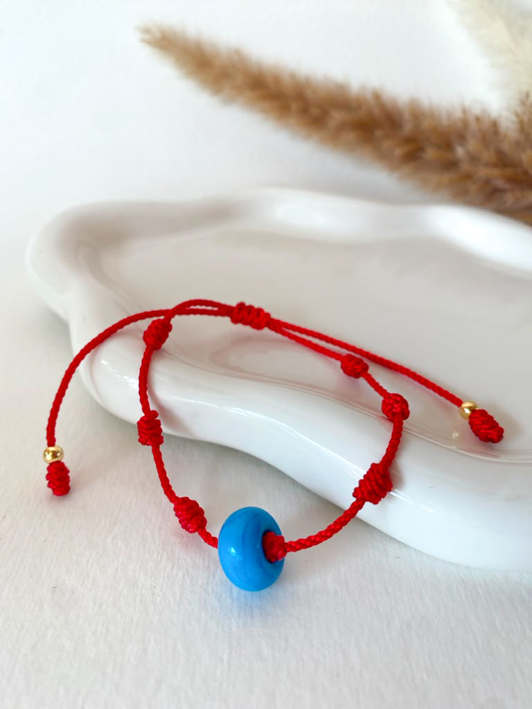 7-Knot Red String Bracelet with blue bead