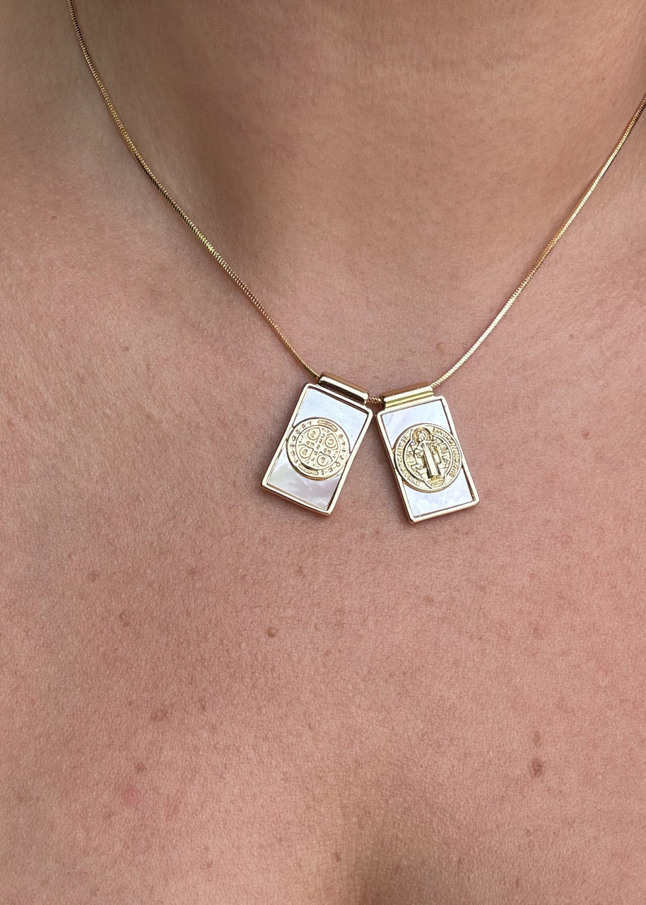 St Benedict Medal Scapular Mother of Pearl Adjustable Necklace