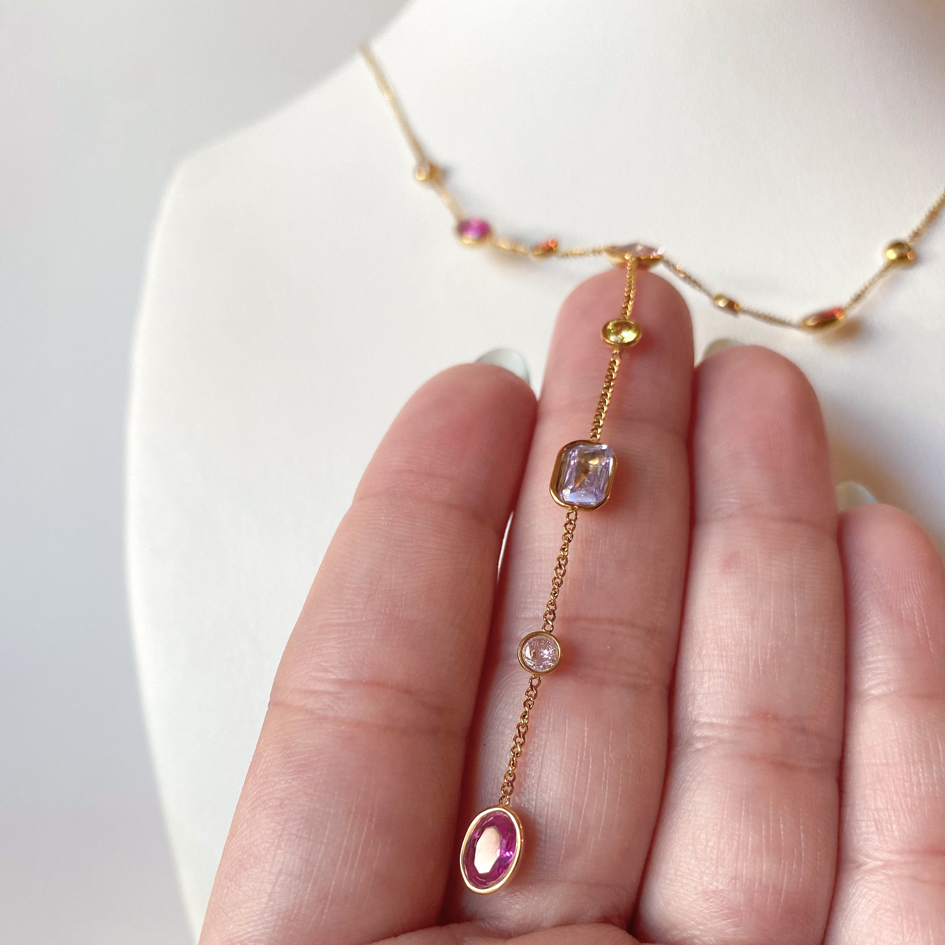 Multi-Gemstone Y Style Steel Necklace