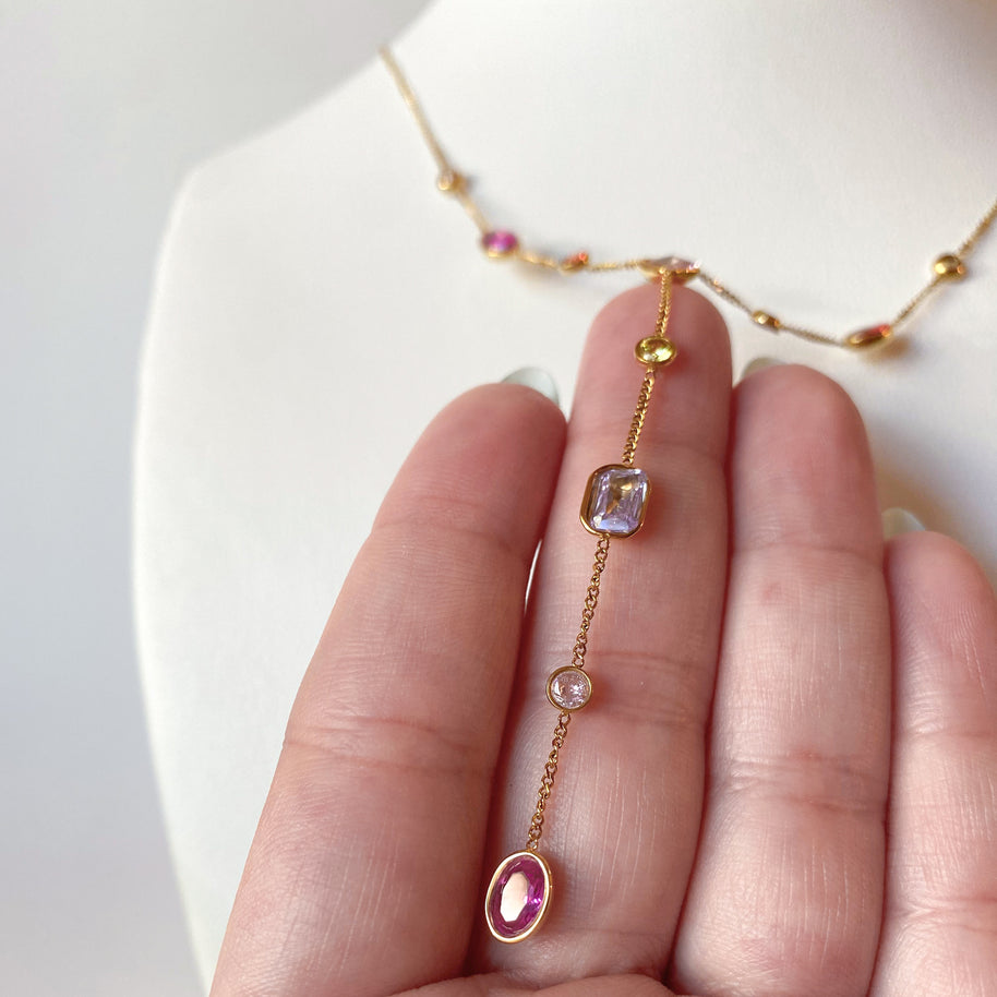 Multi-Gemstone Y Style Steel Necklace