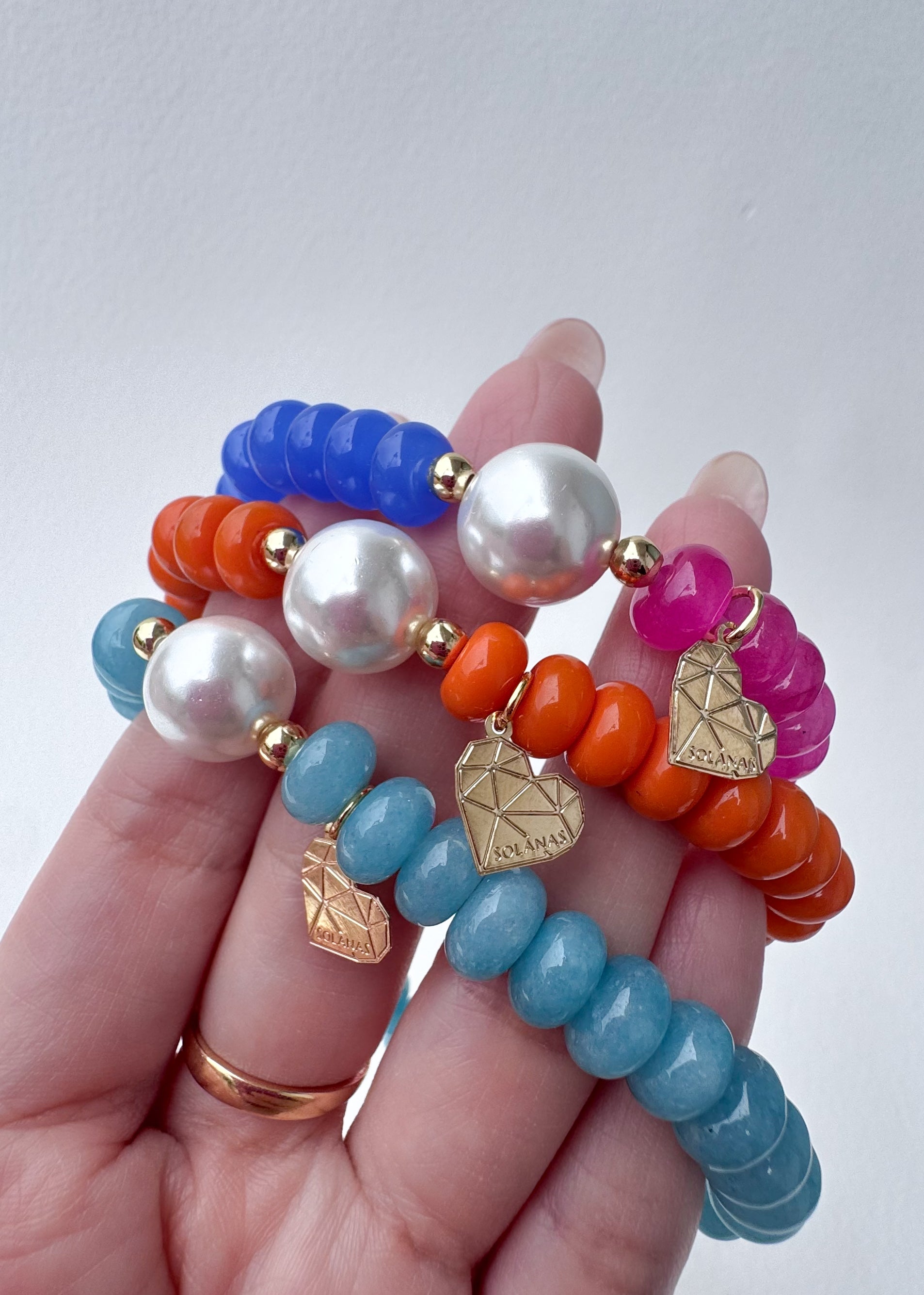 Colorful Beaded Elastic Pearls Heart Bracelets