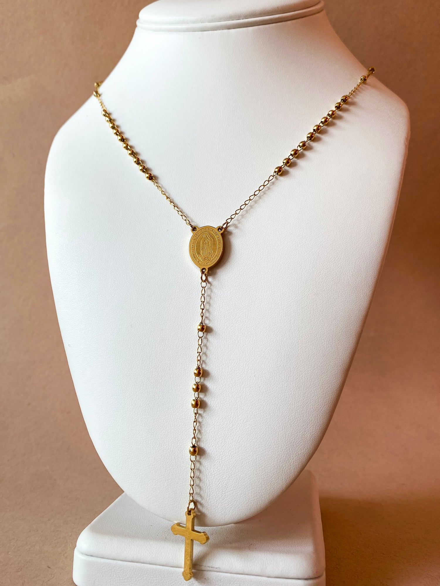 Golden Steel Guadalupe Virgin Rosary Necklace