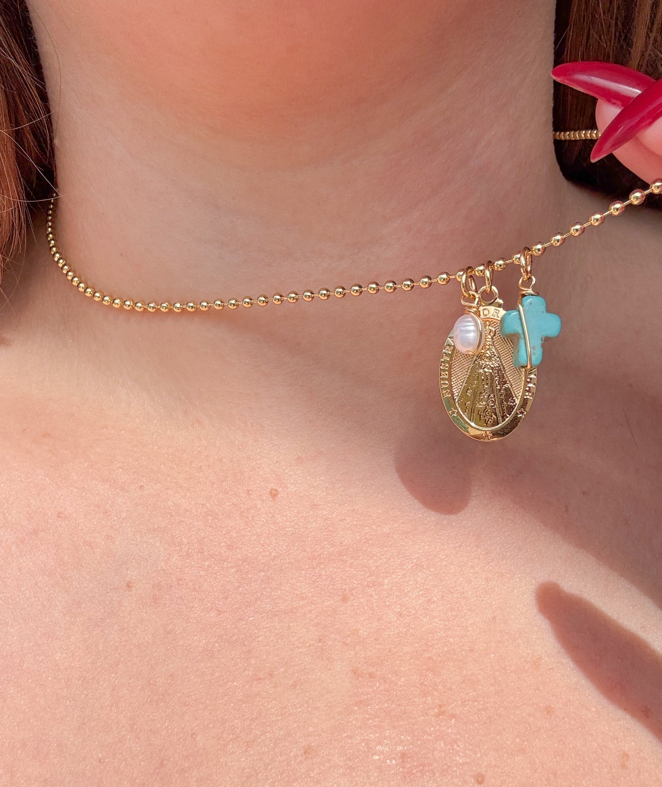 Cadena Virgen Del Valle Cruz Turquesa + Perla
