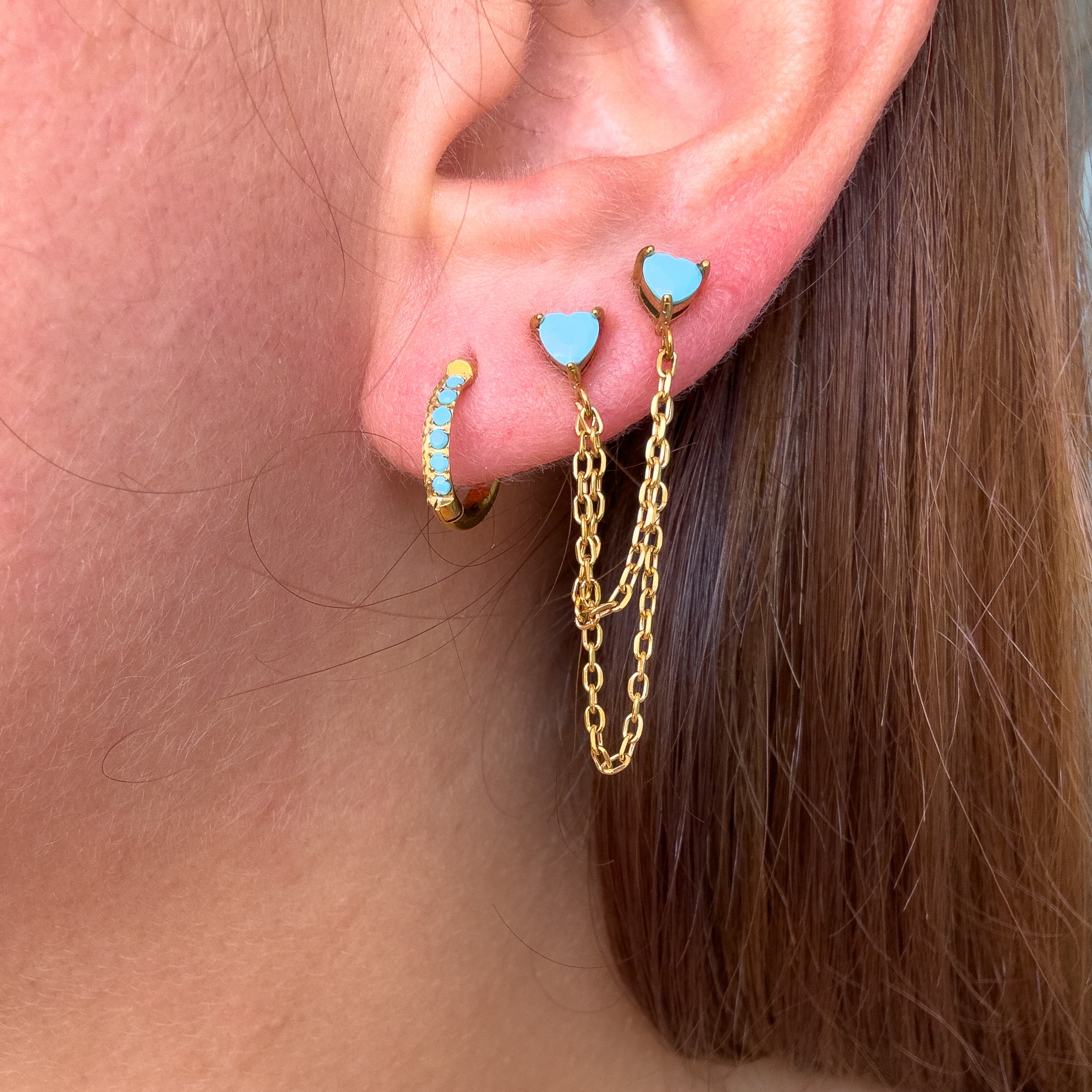 Blue Steel Little Hoops or 2 Hearts Chain Earrings