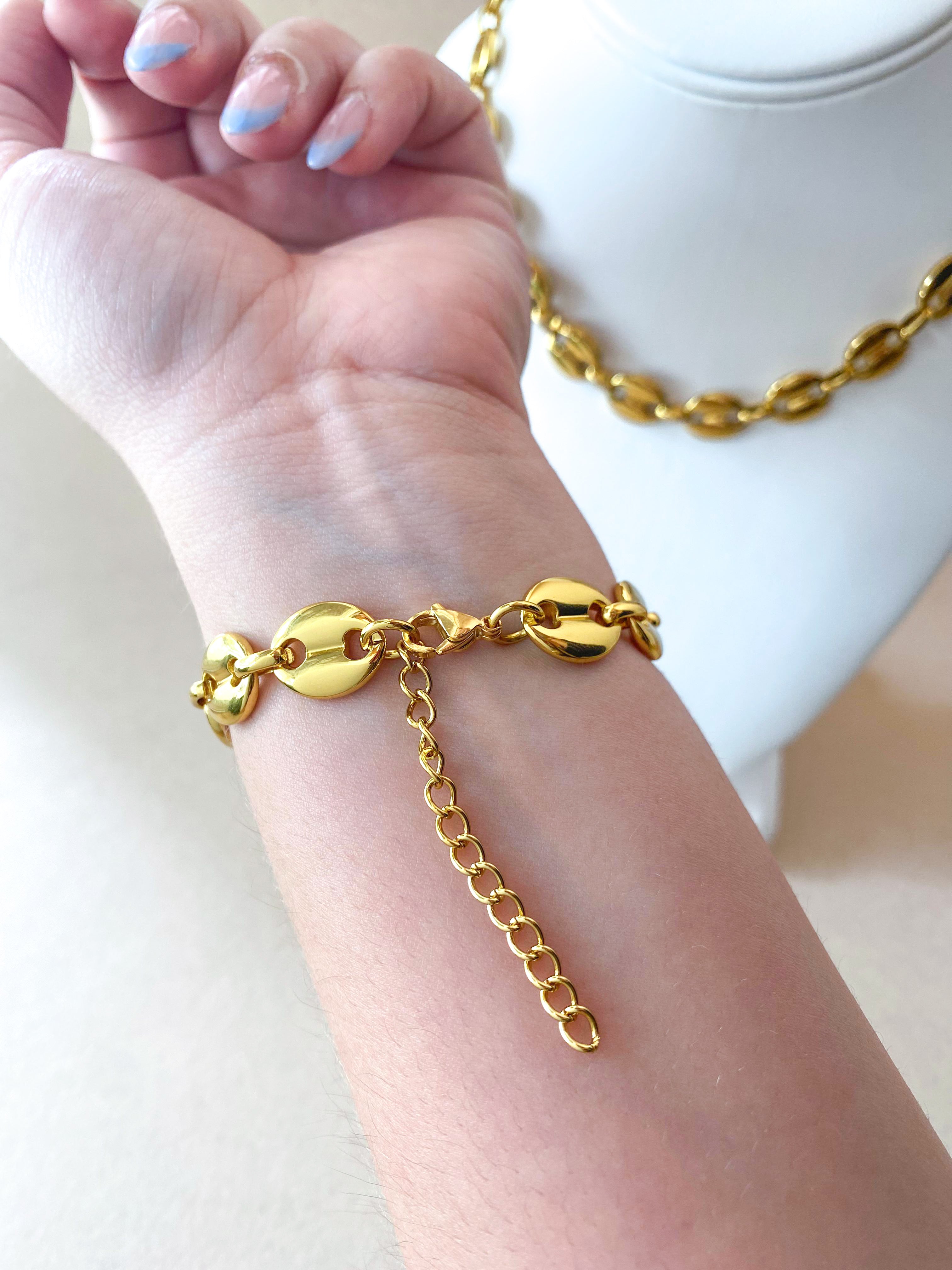 Golden Steel Coffee Grain Big Bracelet & Necklace