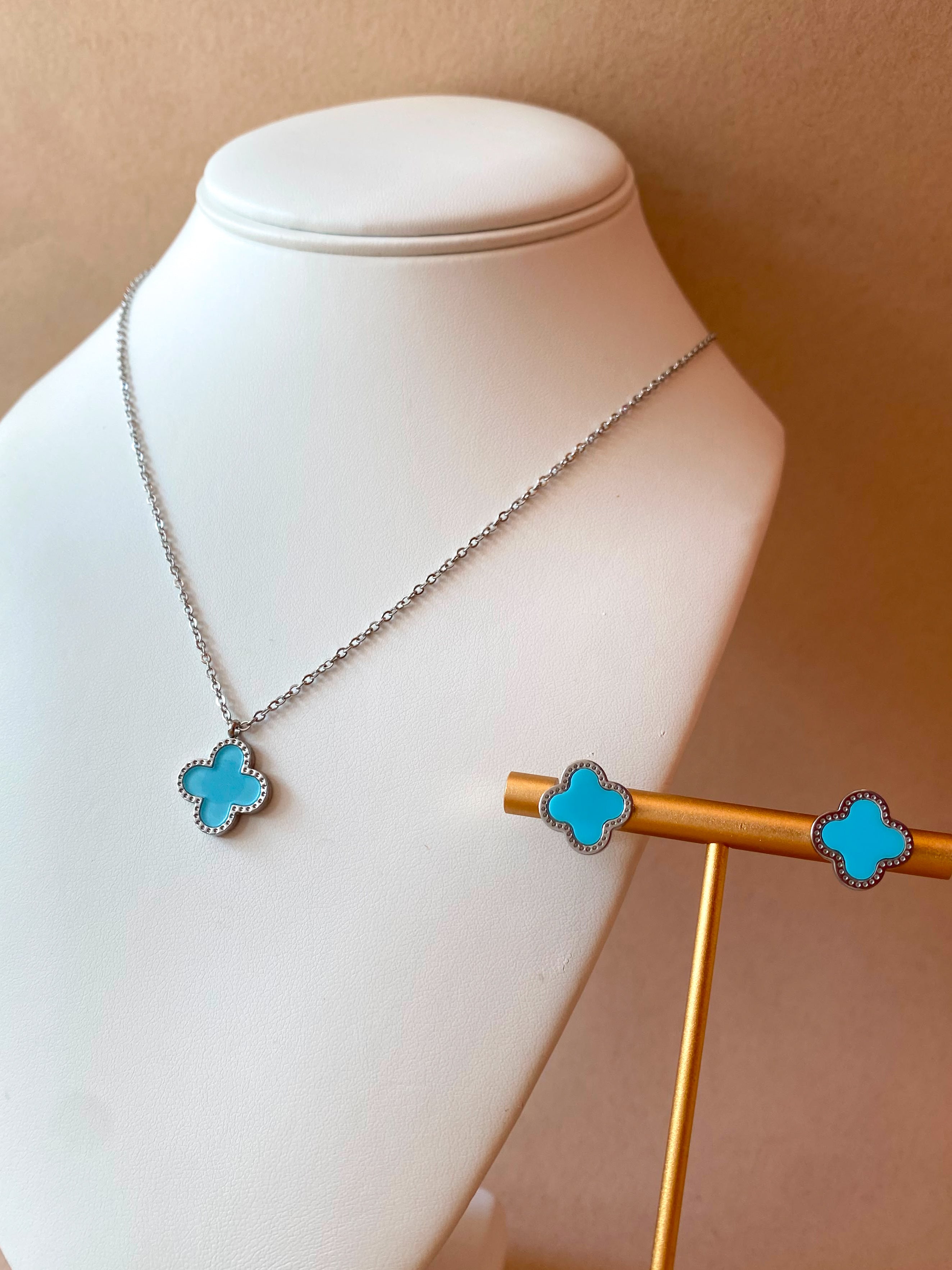 Silver Steel Blue Clover Necklace, Earrings or Set of Necklace and Earrings