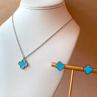 Silver Steel Blue Clover Necklace, Earrings or Set of Necklace and Earrings