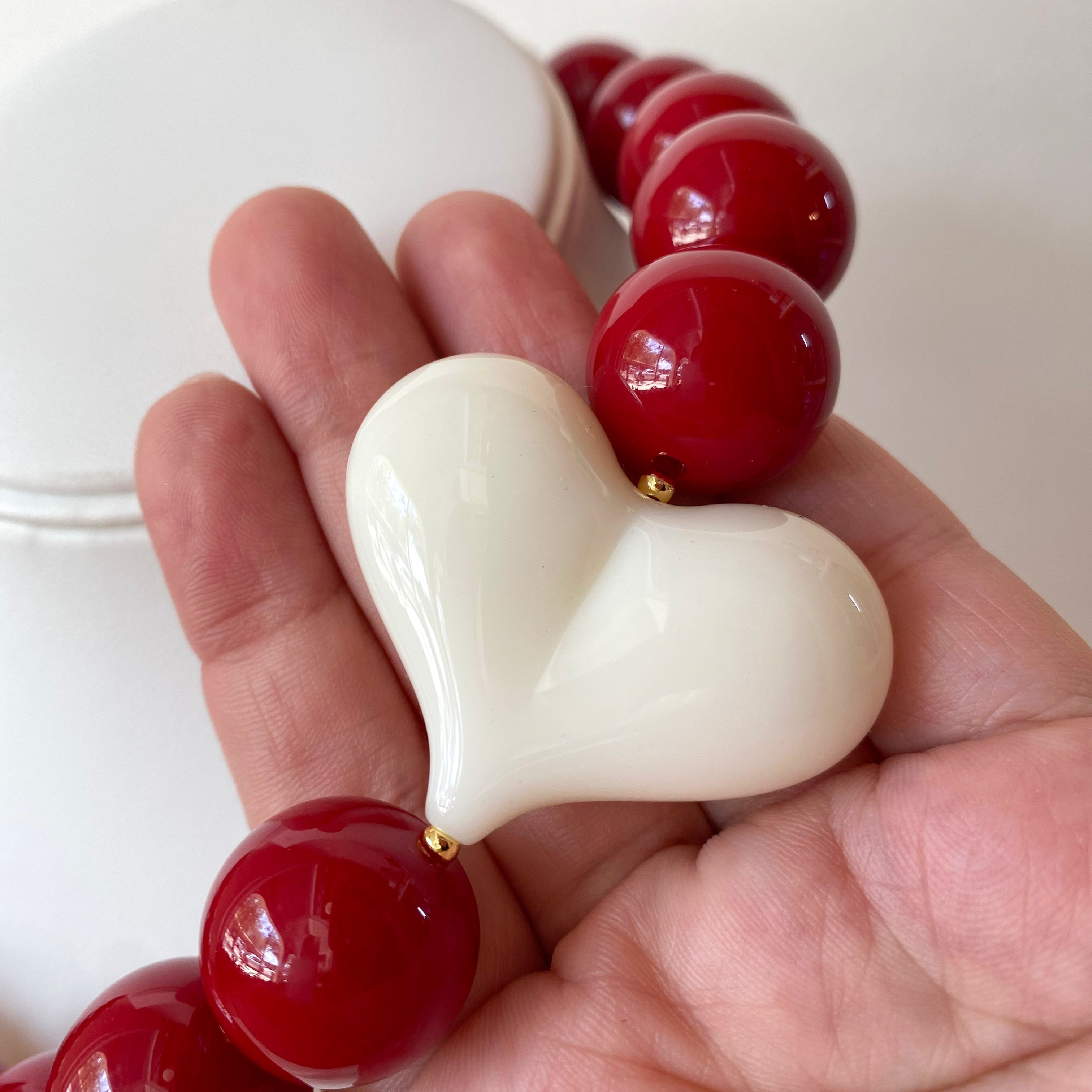 Acrylic Red Wine Gumball Bead with White Heart Necklace