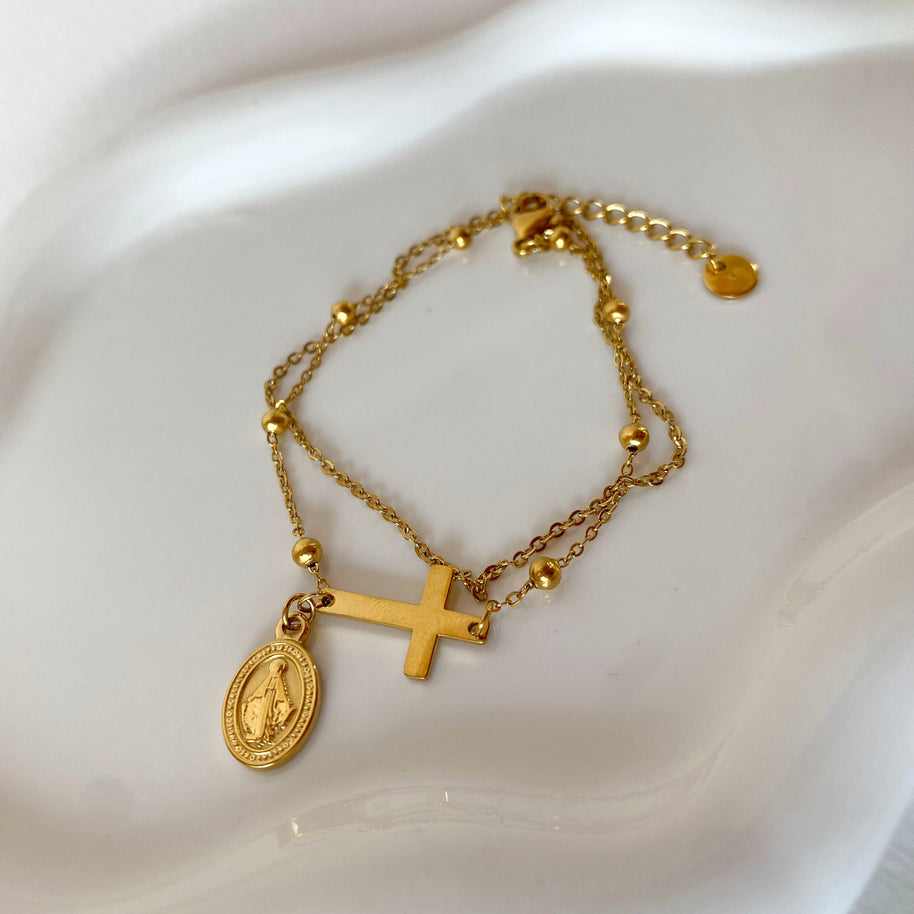Golden Steel Double Chain Miracle Virgin Rosary Bracelet