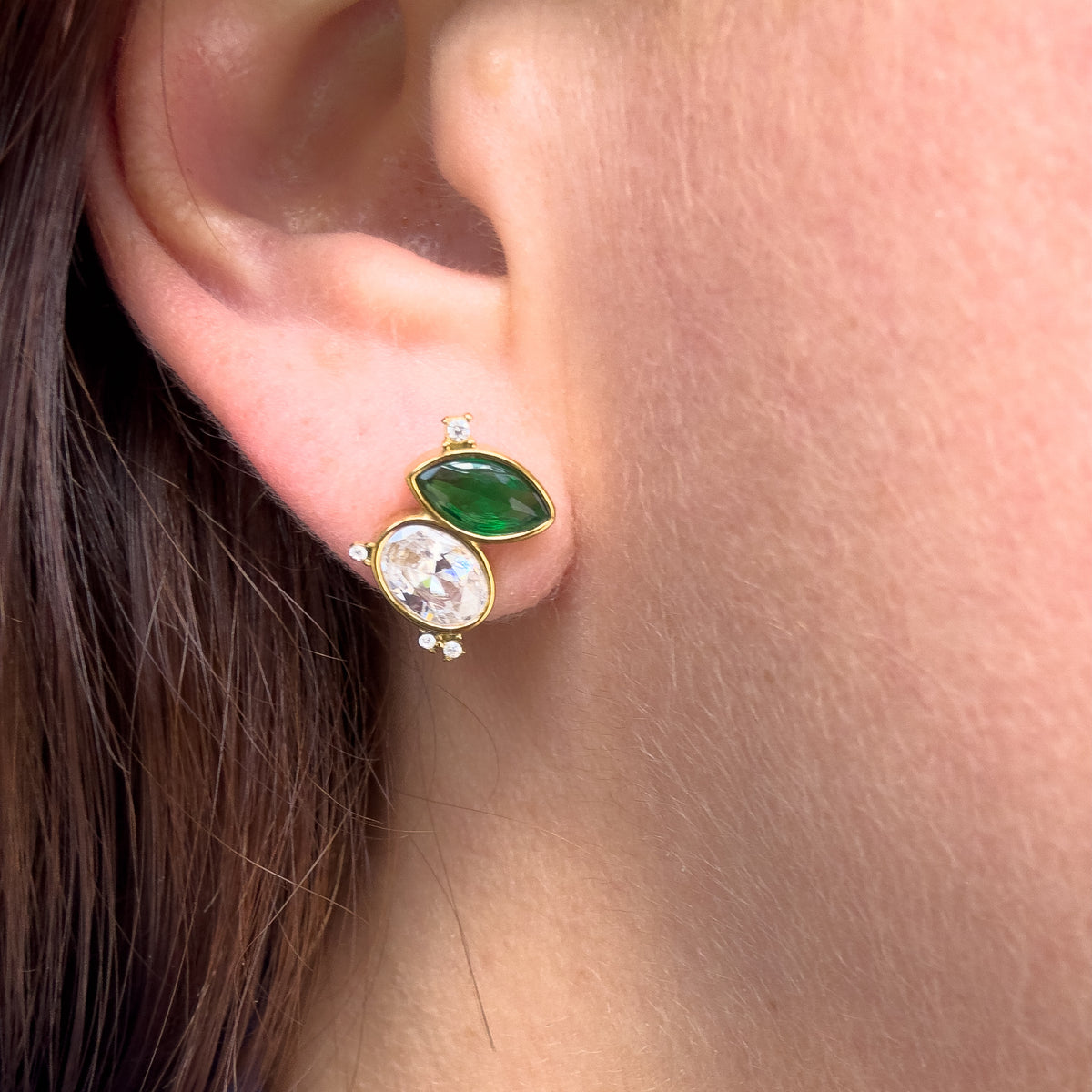 2 Drop Zircon Green and Clear Steel Earrings