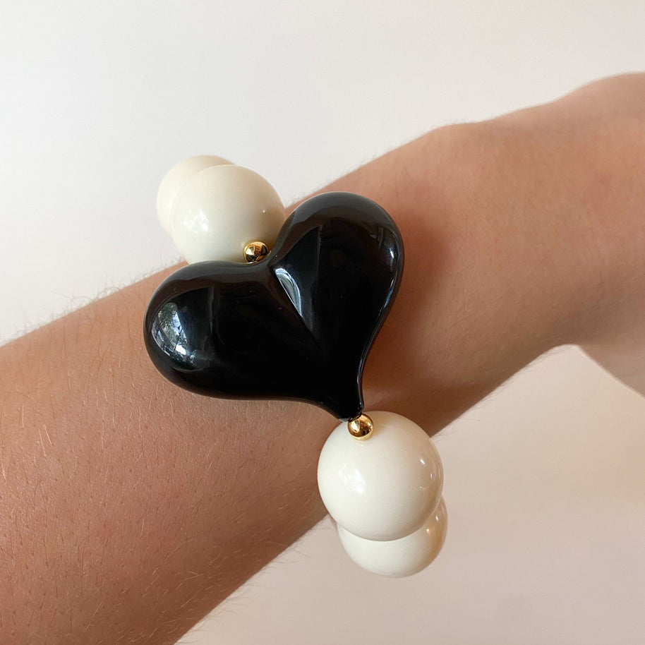 Acrylic White Gumball Bead with Black Heart Bracelet