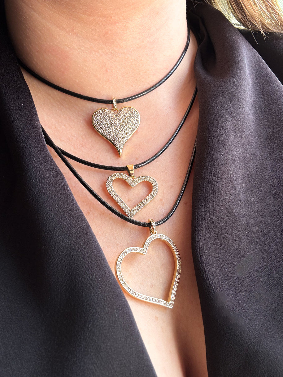 Shiny Hearts Black Leather Necklace