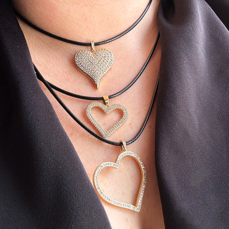 Shiny Hearts Black Leather Necklace