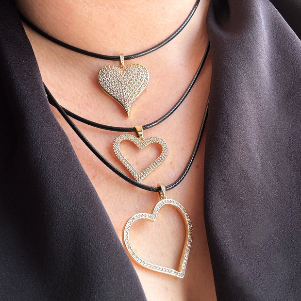 Shiny Hearts Black Leather Necklace